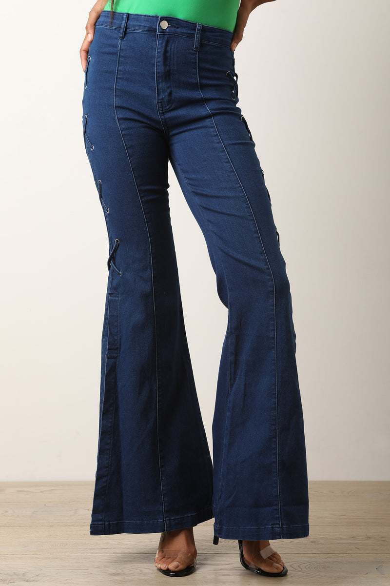 High Waisted Side Lace-Up Flared Denim Pants - YuppyCollections