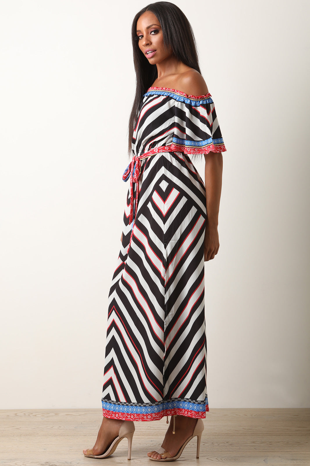 Chevron Off-The-Shoulder Slit Maxi Dress - YuppyCollections