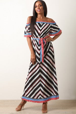 Chevron Off-The-Shoulder Slit Maxi Dress - YuppyCollections