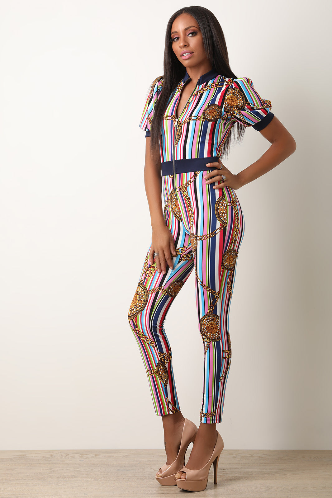 Medallion Stripe Print Zip-Up Front Jumpsuit - YuppyCollections