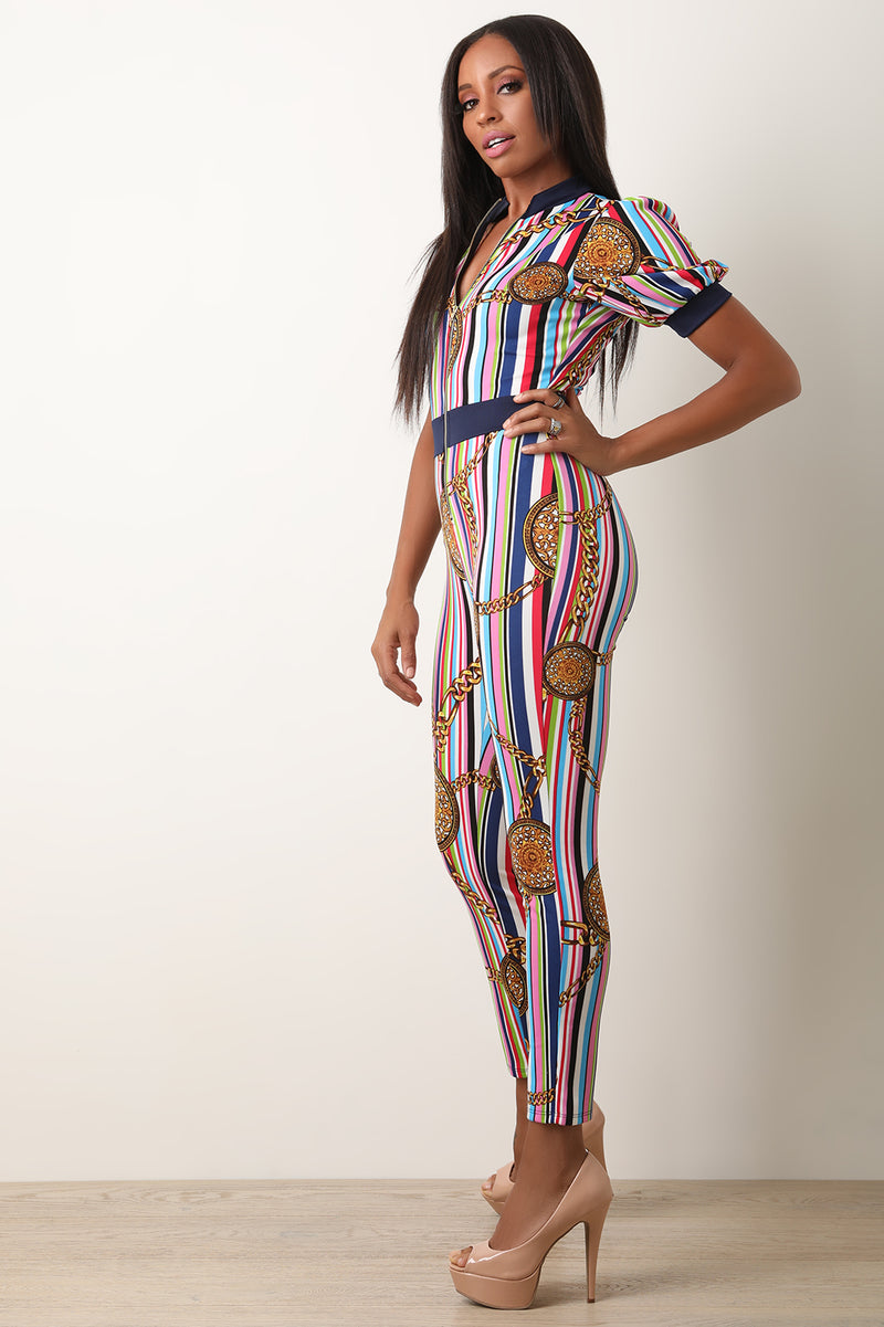 Medallion Stripe Print Zip-Up Front Jumpsuit - YuppyCollections