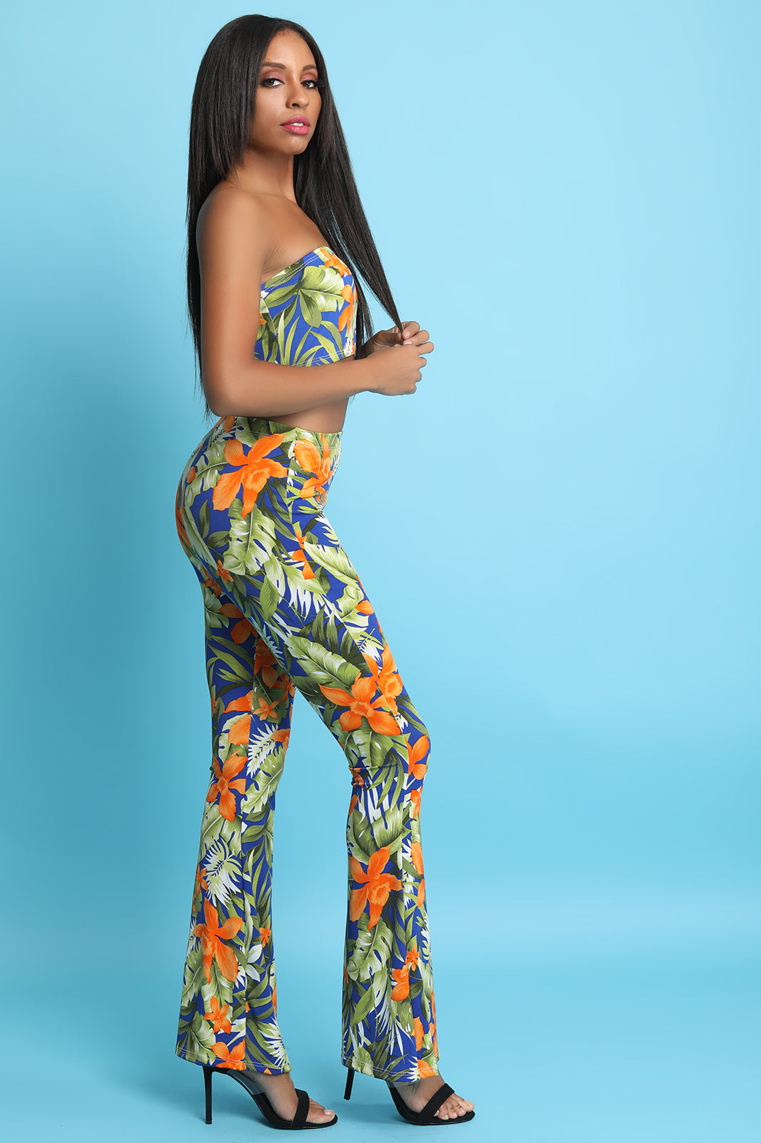 Tropic Orange Flower Tube Top With Flare Pants Set - YuppyCollections