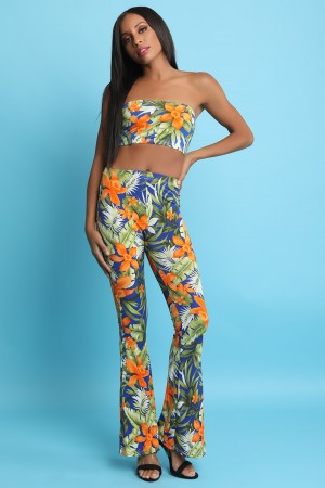 Tropic Orange Flower Tube Top With Flare Pants Set - YuppyCollections