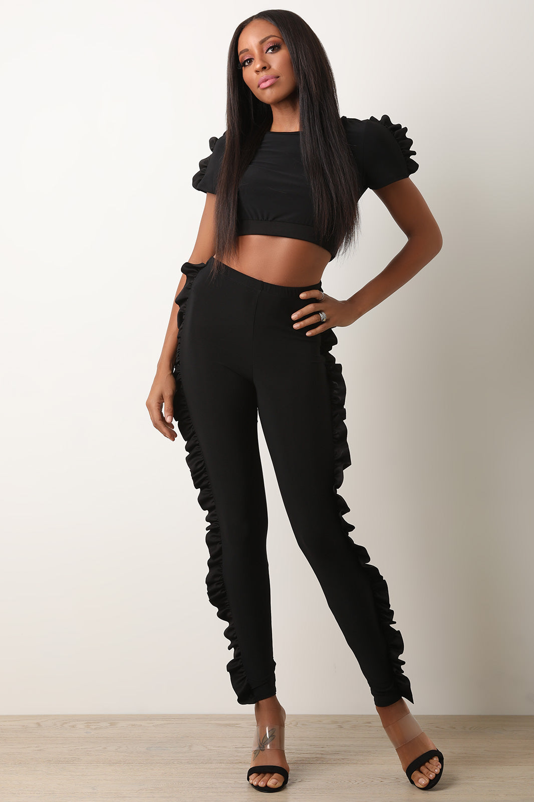 Contrast Ruffle Trim Crop Top With Matching Pants Set - YuppyCollections