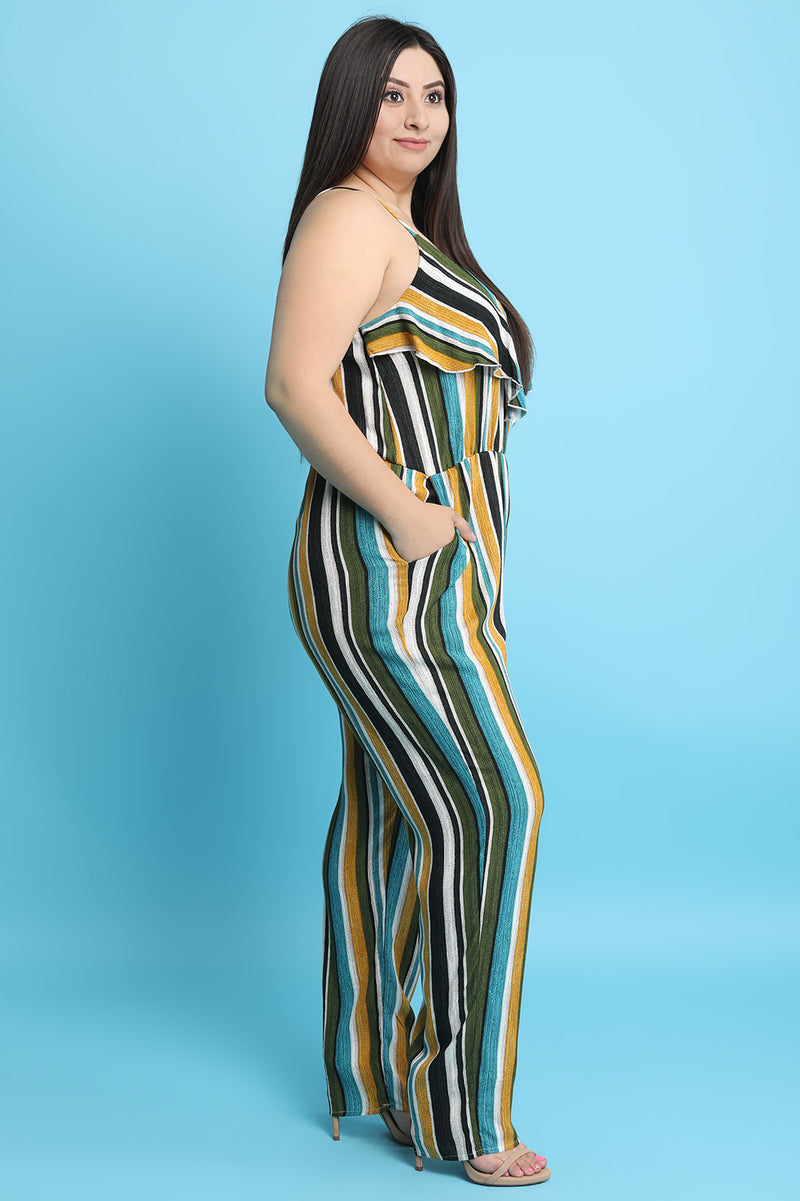 Plus Size Striped Flutter Palazzo Jumpsuit - YuppyCollections