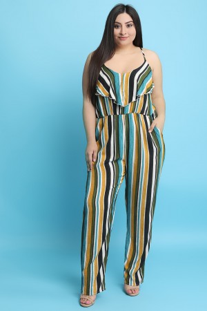 Plus Size Striped Flutter Palazzo Jumpsuit - YuppyCollections