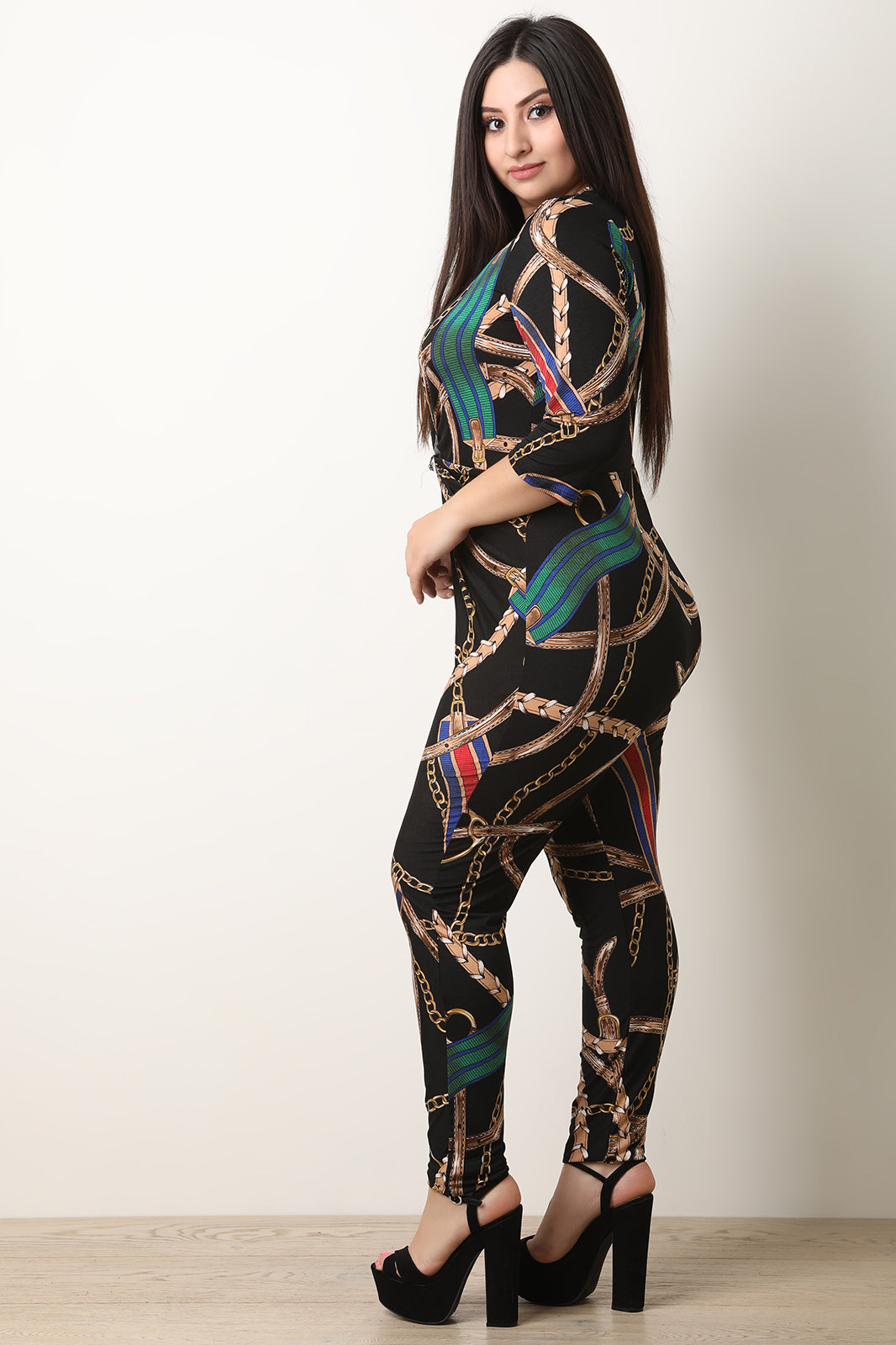 Belted Print Knotted Ruched Jumpsuit - YuppyCollections