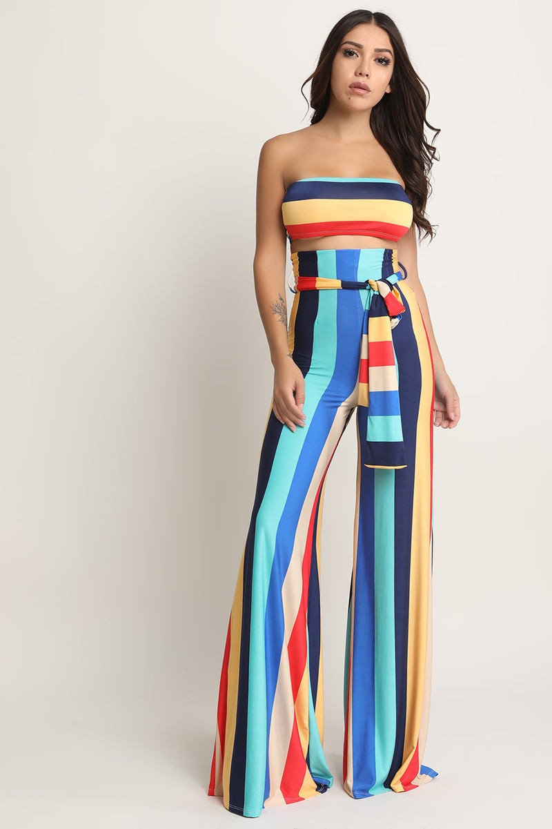 Colorful Stripe Tube Top With Palazzo Pants Set - YuppyCollections