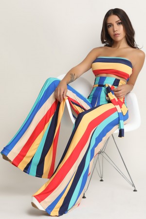 Colorful Stripe Tube Top With Palazzo Pants Set - YuppyCollections