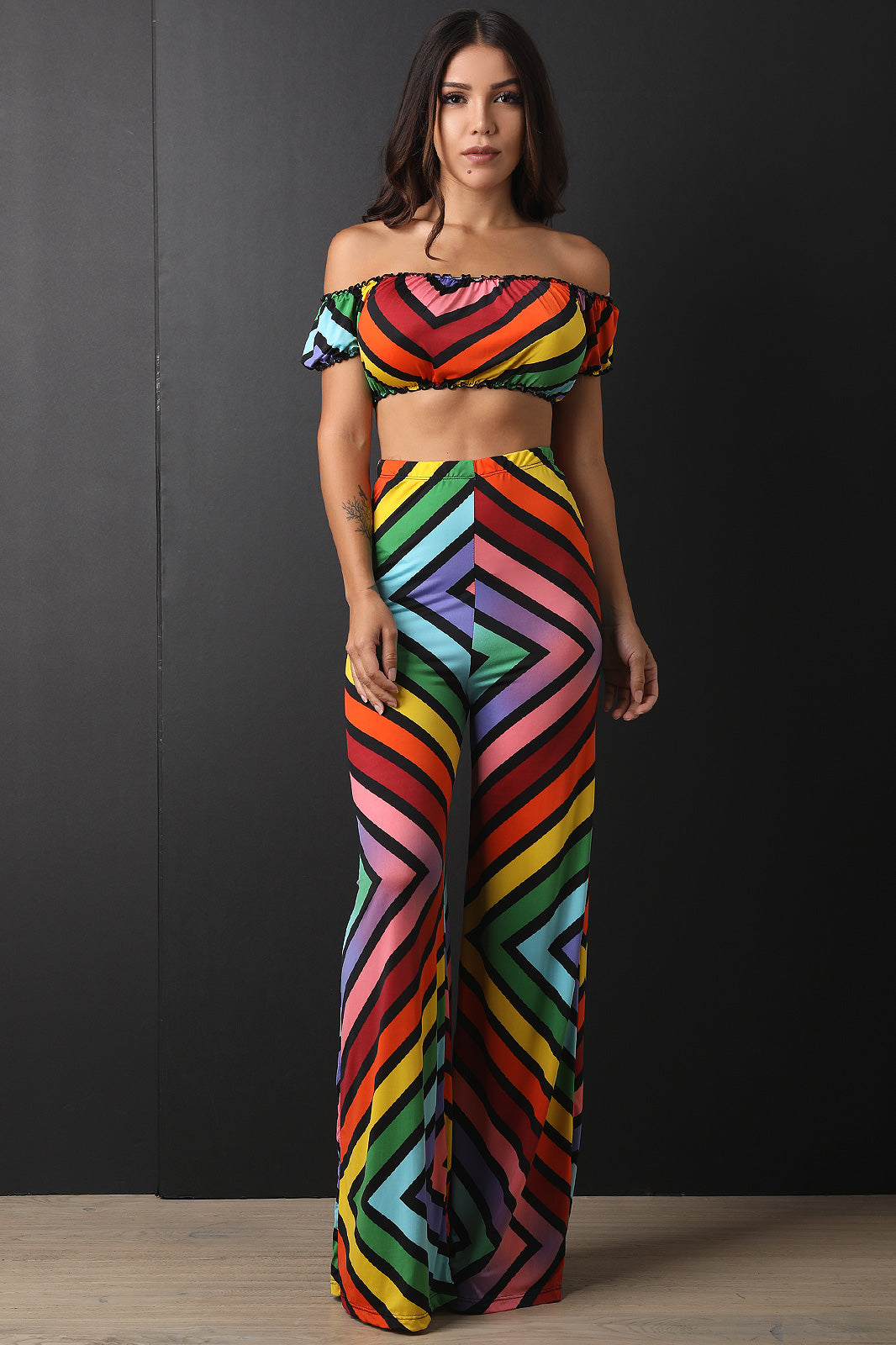 Striped Rainbow Chevron Bardot Crop Top with Palazzo Pants Set - YuppyCollections