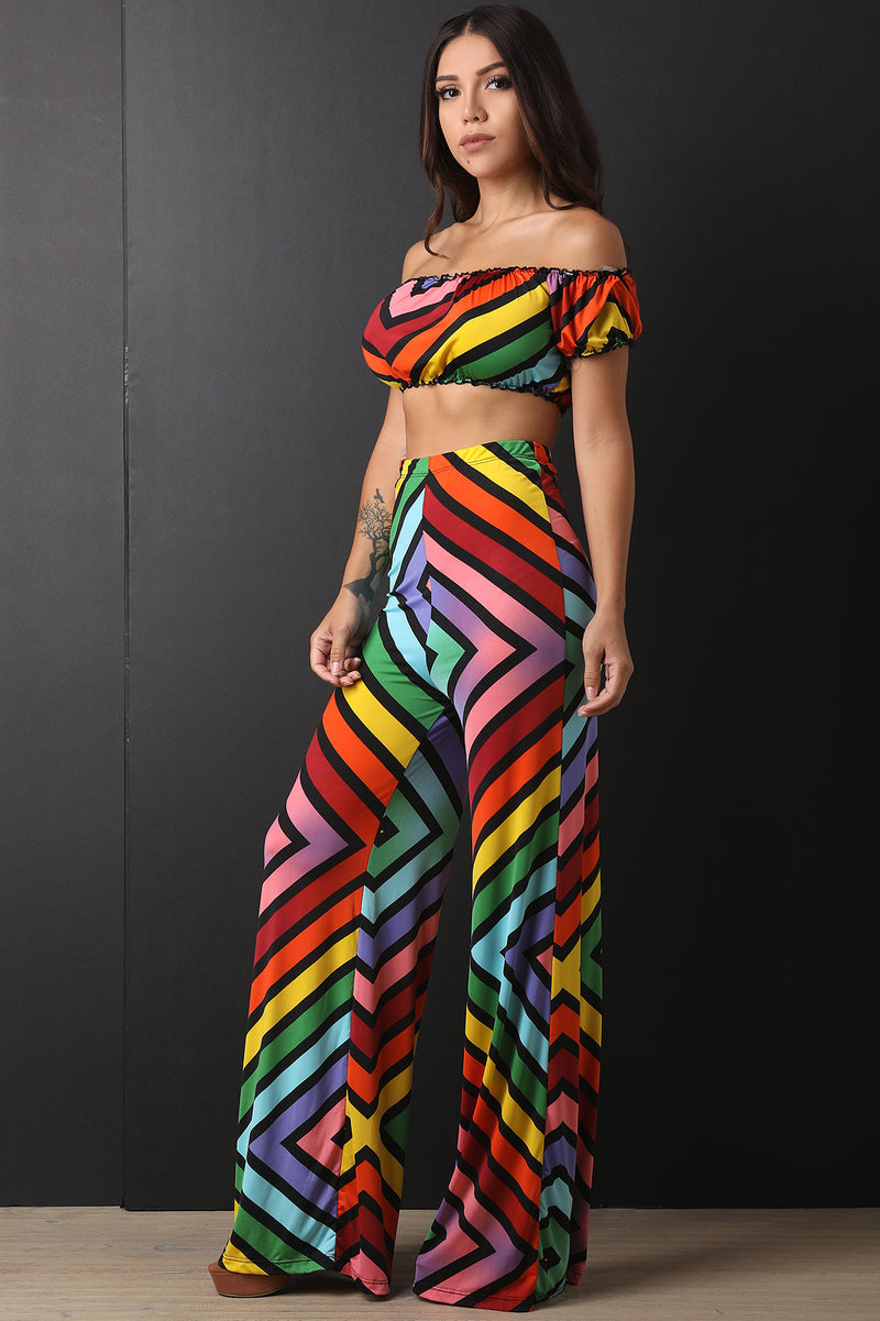 Striped Rainbow Chevron Bardot Crop Top with Palazzo Pants Set - YuppyCollections