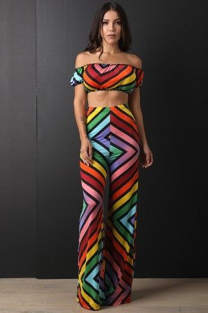 Striped Rainbow Chevron Bardot Crop Top with Palazzo Pants Set - YuppyCollections