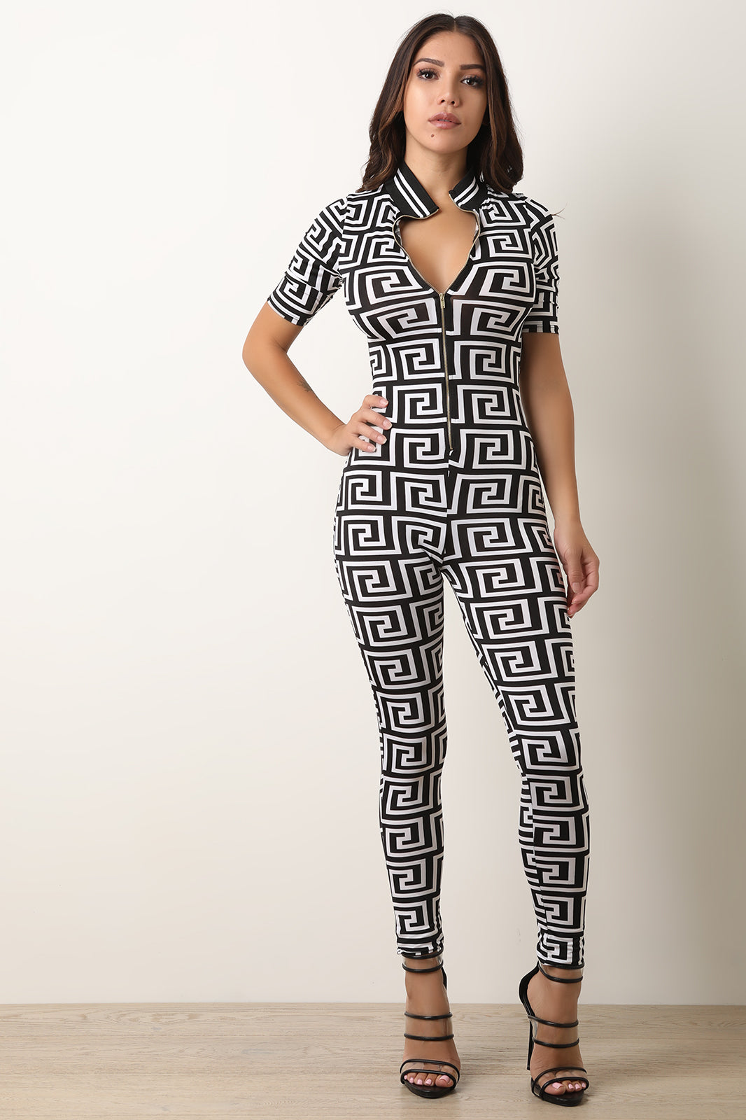 Maze Print Zip-Up Jumpsuit - YuppyCollections