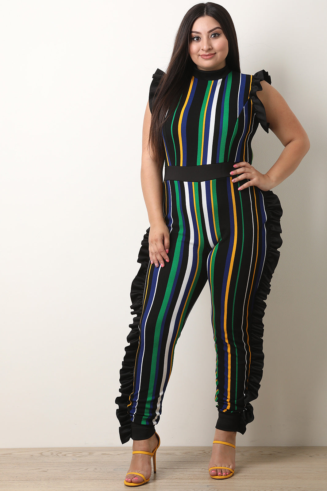 Ruffle Trim Stripe Print Jumpsuit - YuppyCollections