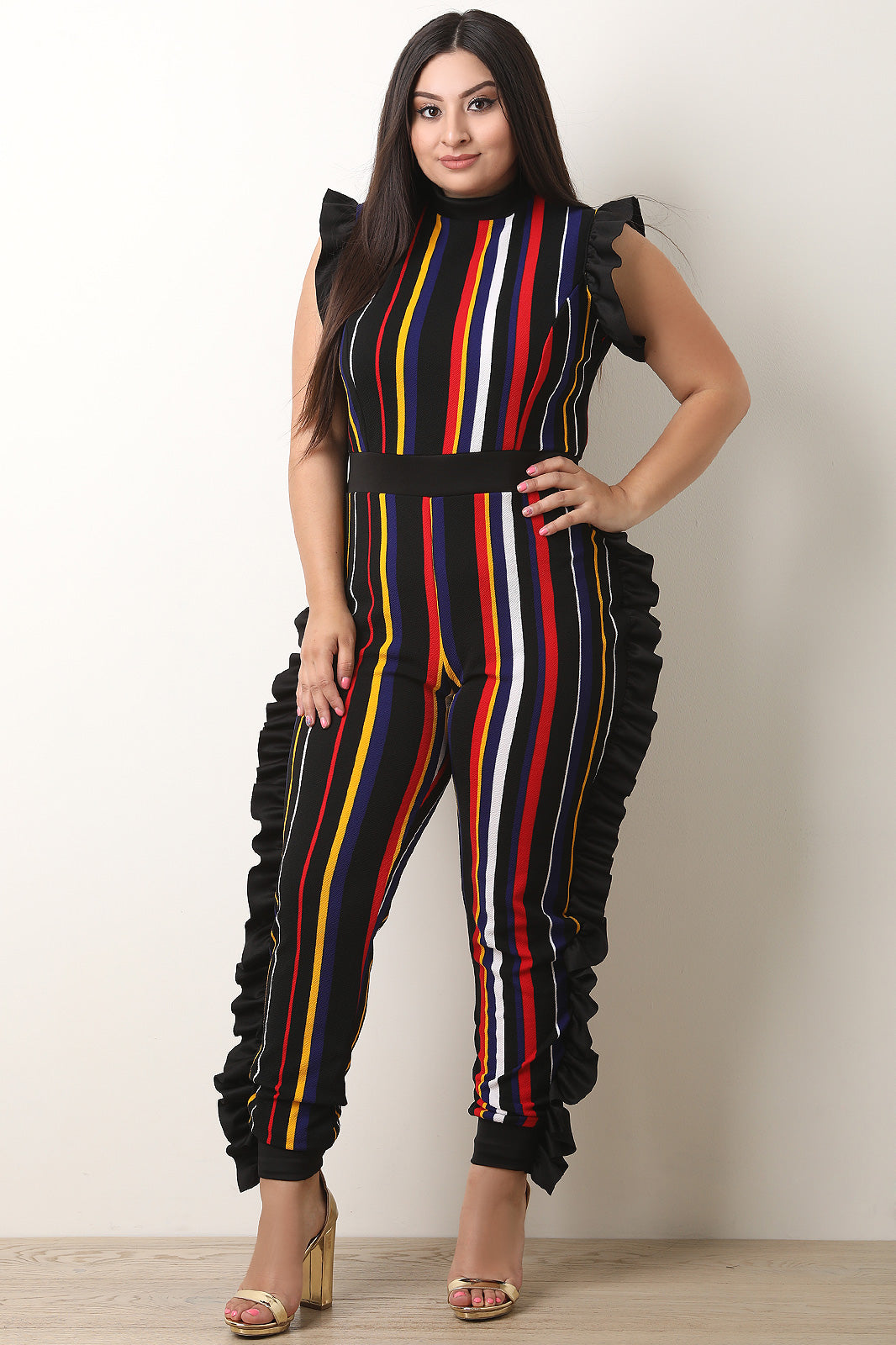 Ruffle Trim Stripe Print Jumpsuit - YuppyCollections