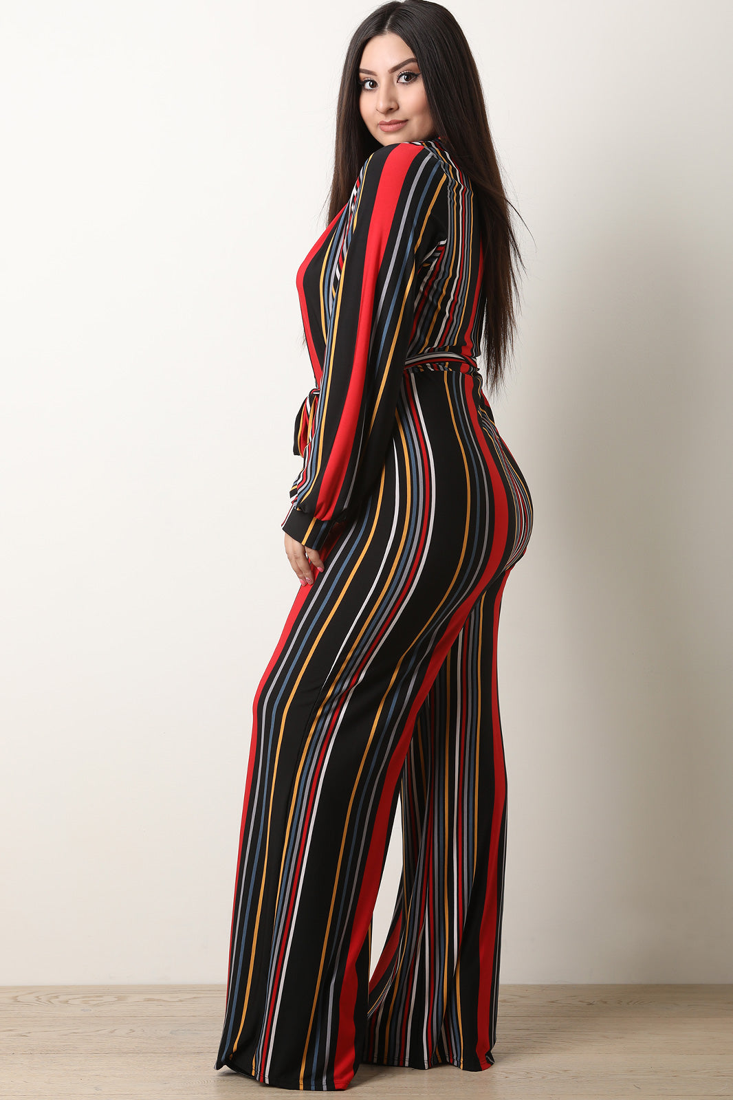 Striped Deep V Neck Puff Sleeves Palazzo Jumpsuit - YuppyCollections