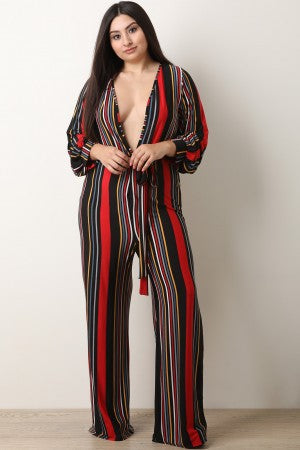 Striped Deep V Neck Puff Sleeves Palazzo Jumpsuit - YuppyCollections