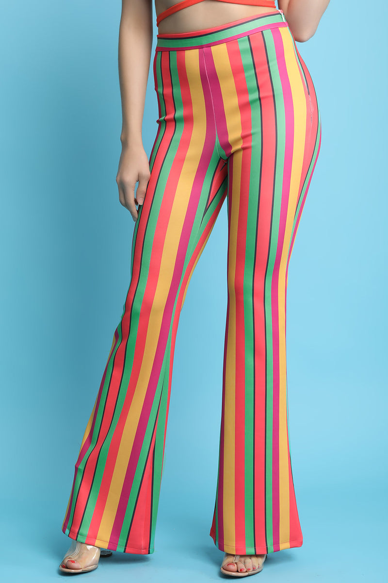 Striped Flared Leg High Rise Pants - YuppyCollections