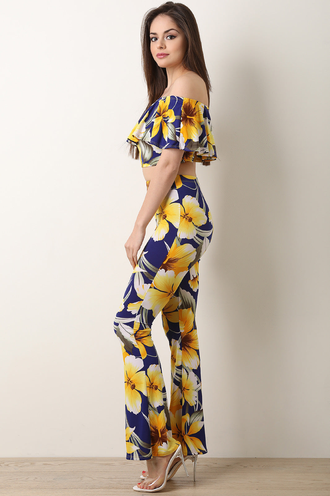 Hibiscus Flutter Crop Top with Flare Pants Set - YuppyCollections