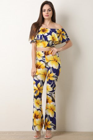 Hibiscus Flutter Crop Top with Flare Pants Set - YuppyCollections