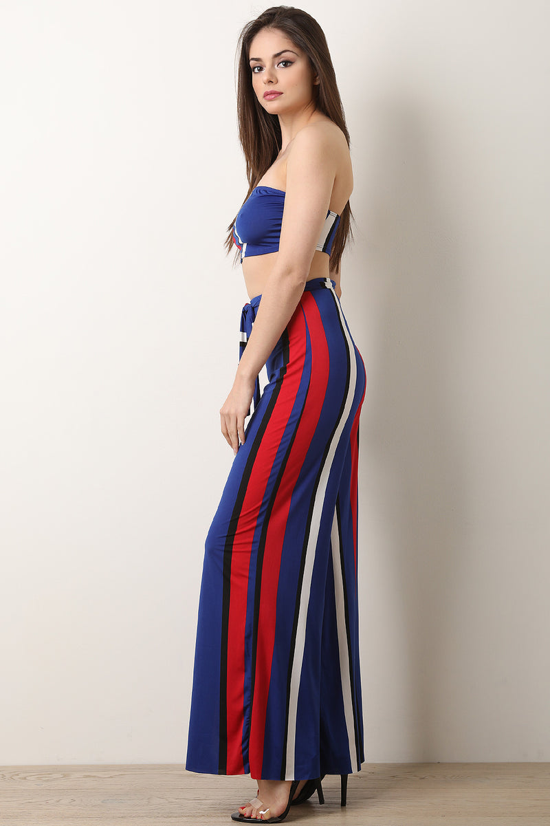 Two-Piece Striped Bandeau with Palazzo Pants Set - YuppyCollections