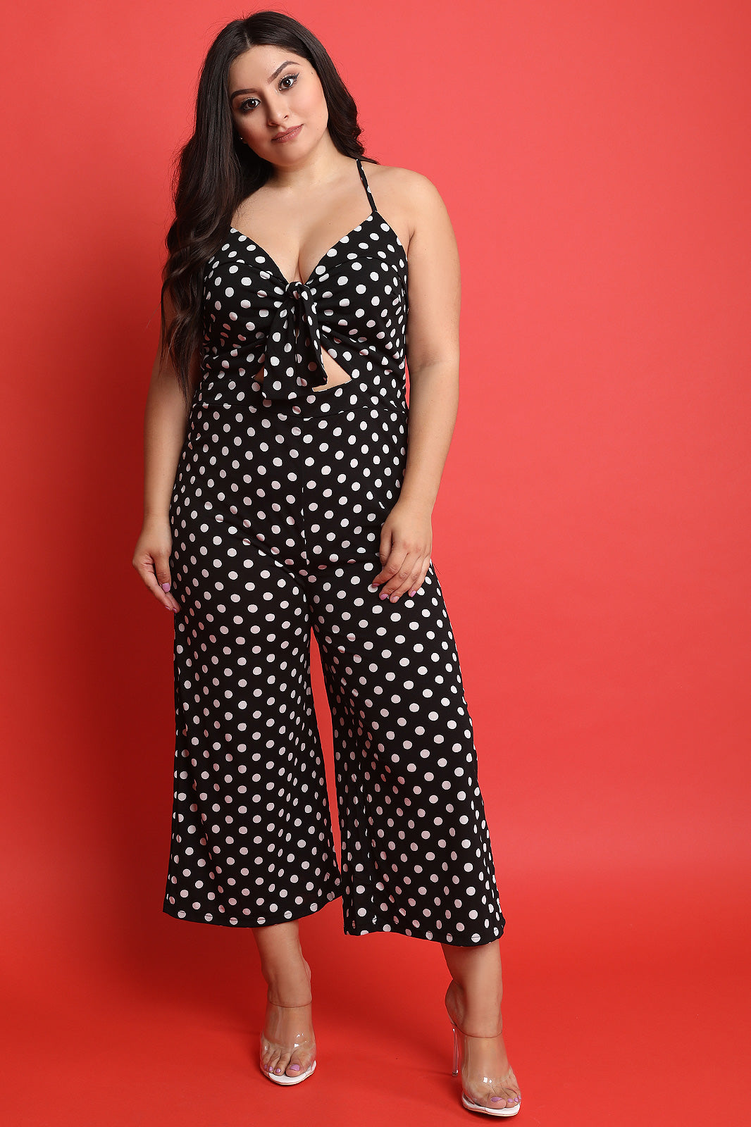 Polka Dot Bustier Sweetheart Tie Palazzo Jumpsuit - YuppyCollections