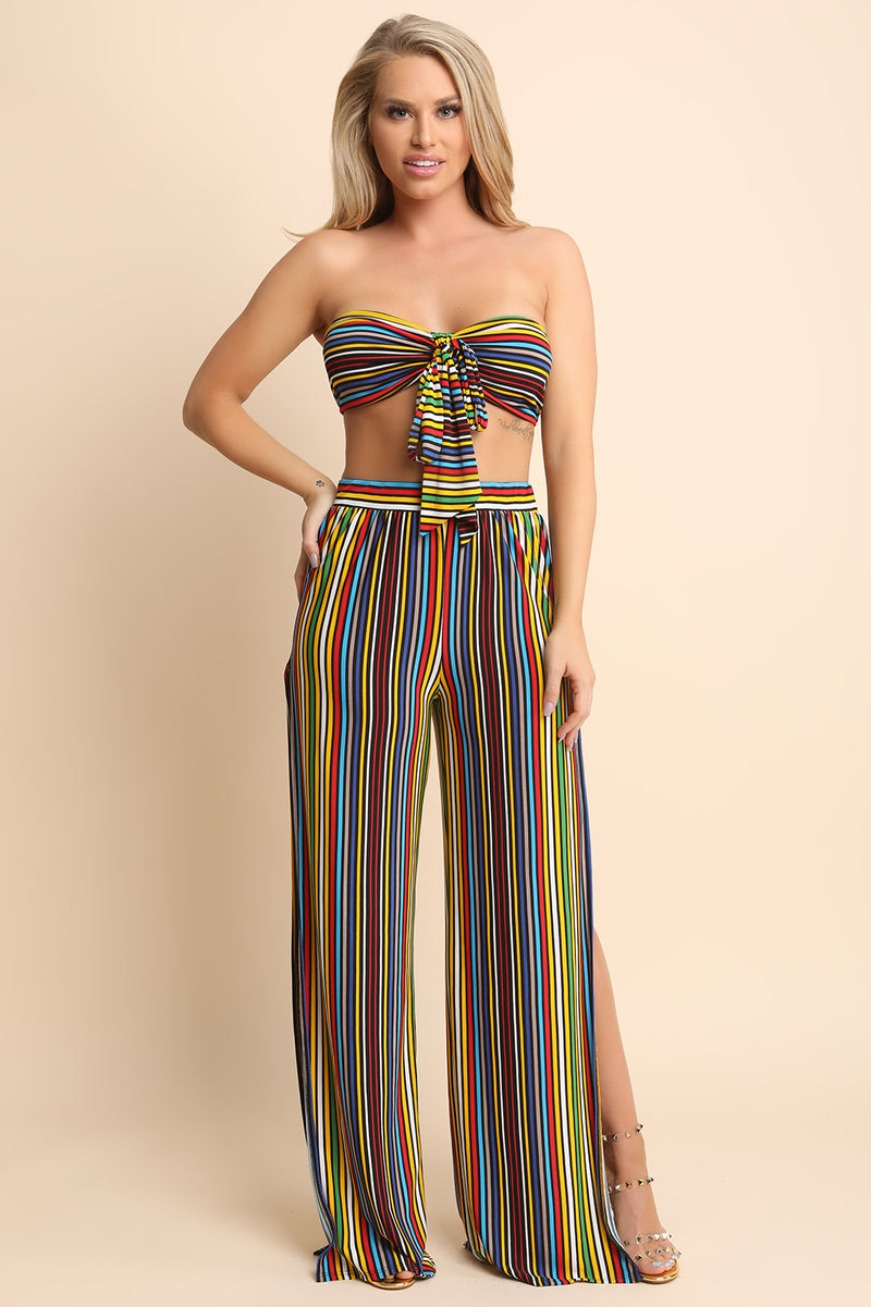 Striped Multi-Tie Bandeau Top with Side Slit Palazzo Pants Set - YuppyCollections