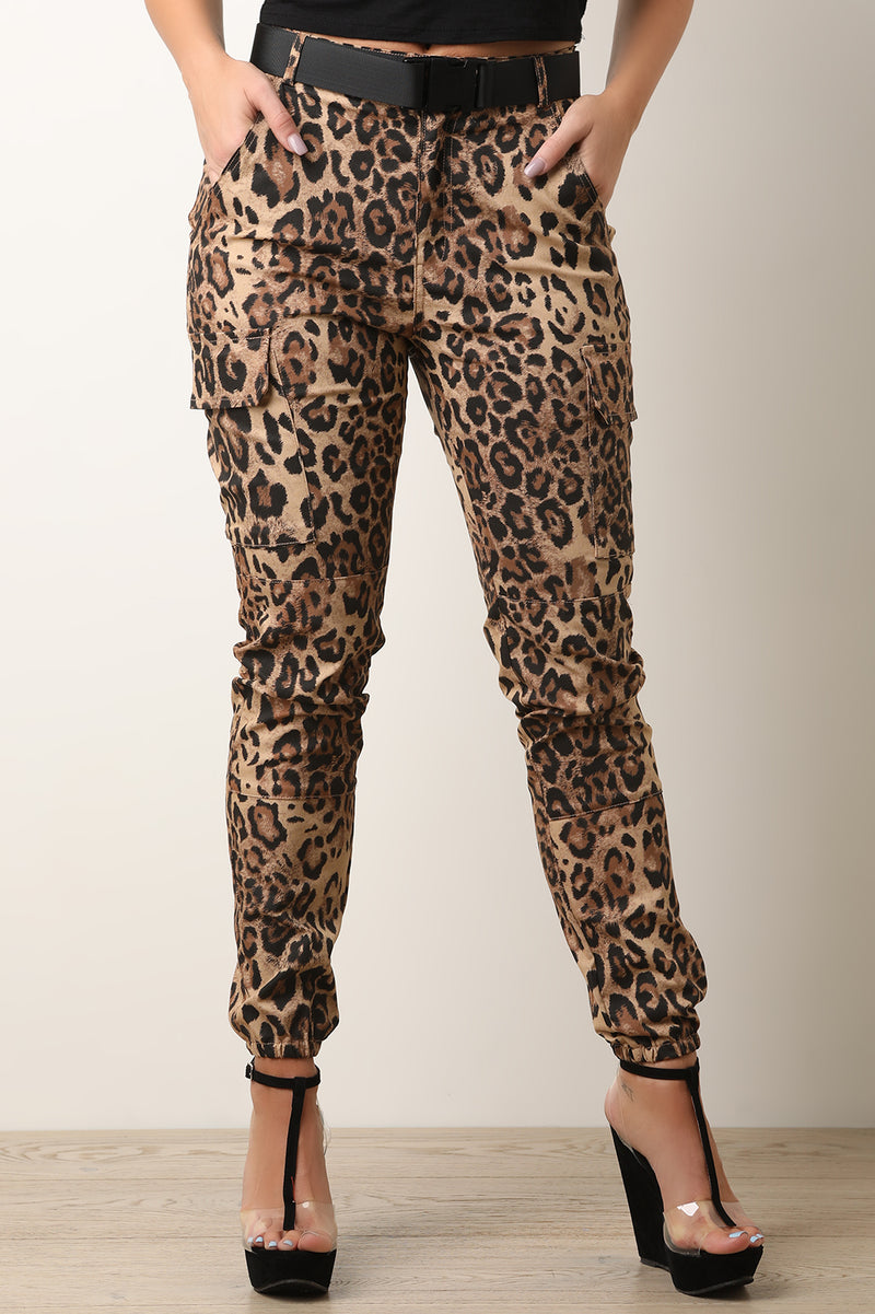 Belted Leopard Cargo Jogger Pants - YuppyCollections