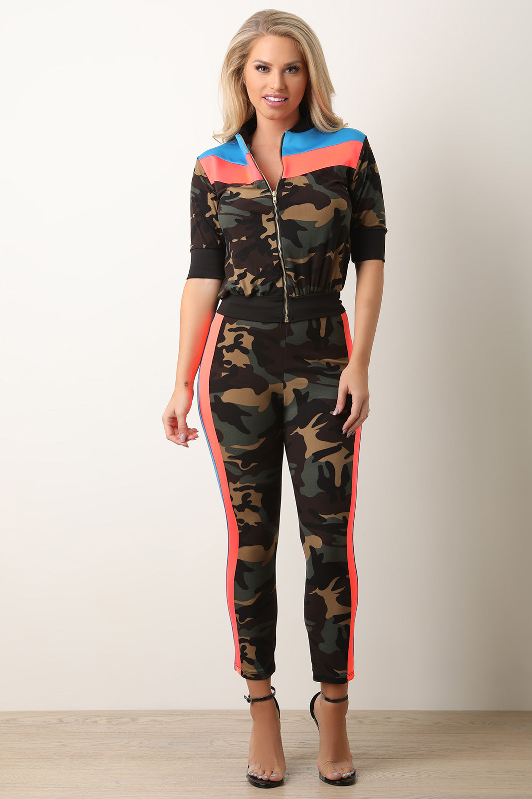 Neon Colorblock Camouflage Zip Top with Matching Pants Set - YuppyCollections