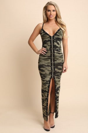 Camouflage Studded Trim Vent Slit Maxi Dress - YuppyCollections