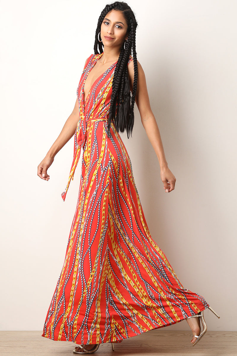 Chain-Link Print Surplice Maxi Dress - YuppyCollections