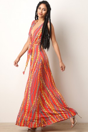 Chain-Link Print Surplice Maxi Dress - YuppyCollections