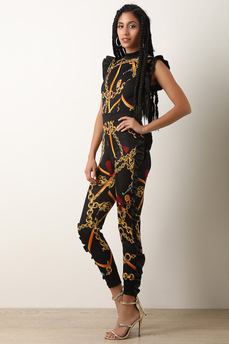 Ruffle Trim Chain-Link Print Mock Neck Jumpsuit - YuppyCollections