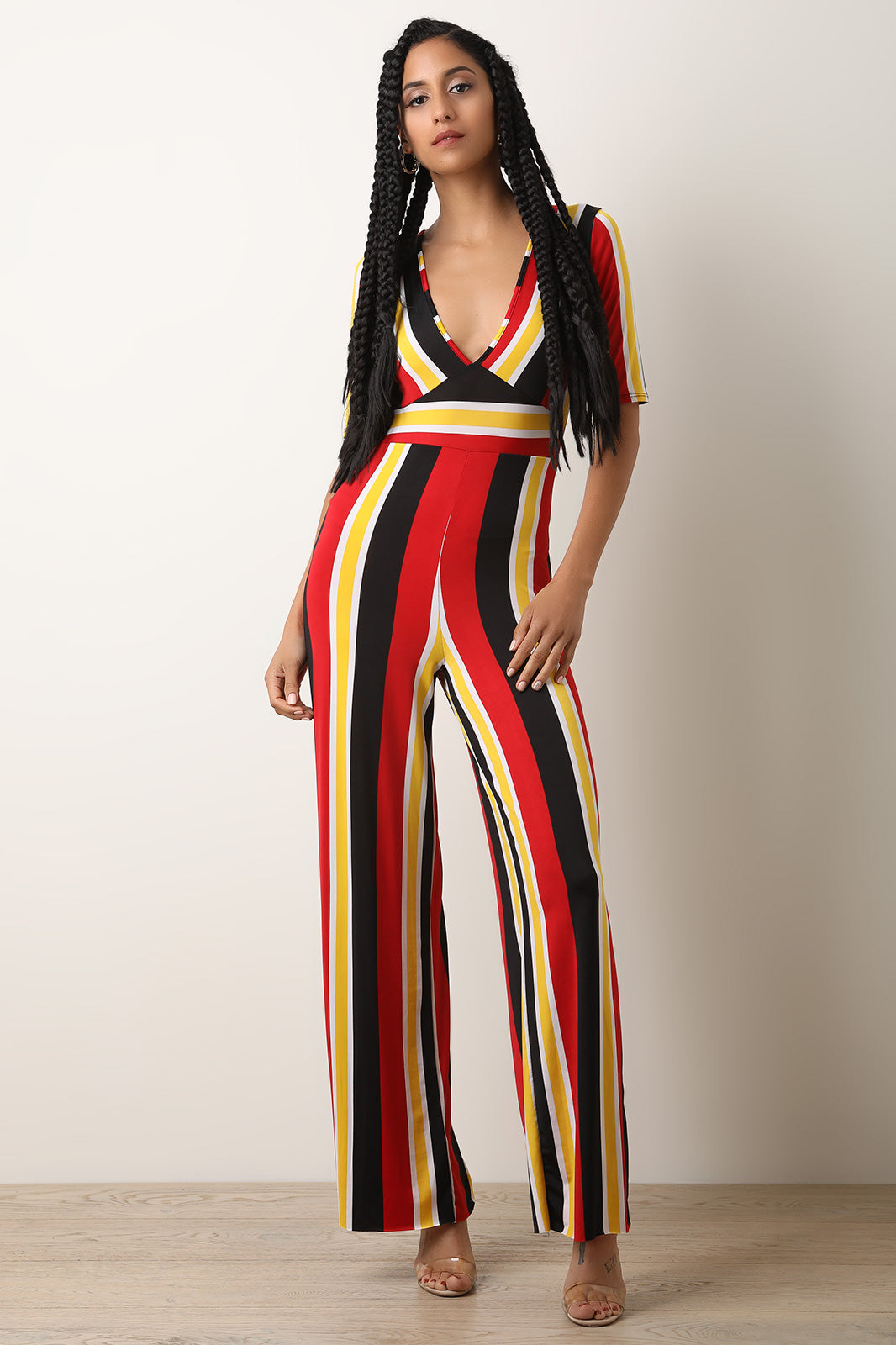 Deep-V Striped Palazzo Jumpsuit - YuppyCollections