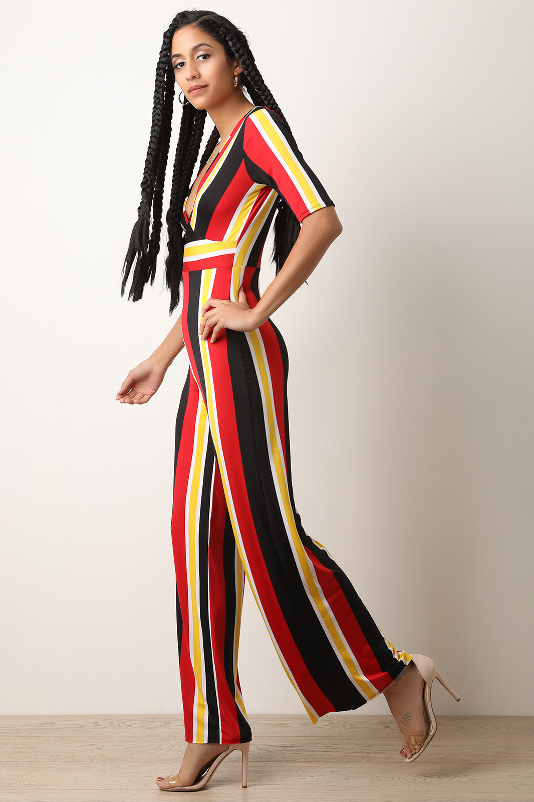 Deep-V Striped Palazzo Jumpsuit - YuppyCollections