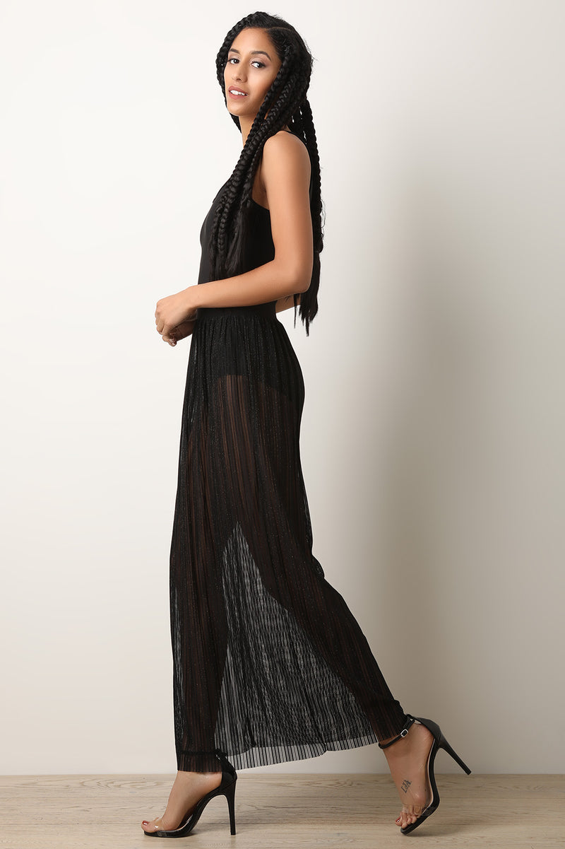 Metallic Ribbed Mesh Bodysuit Maxi Dress - YuppyCollections