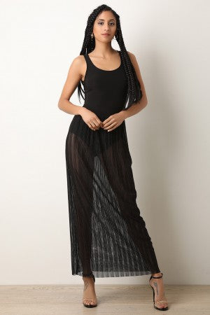 Metallic Ribbed Mesh Bodysuit Maxi Dress - YuppyCollections