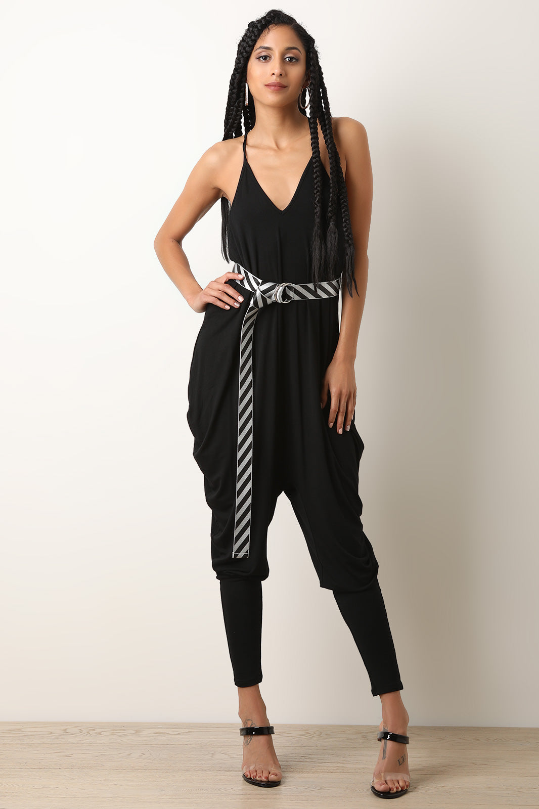 Jersey Knit V-Neck Belted Draped Jumpsuit - YuppyCollections