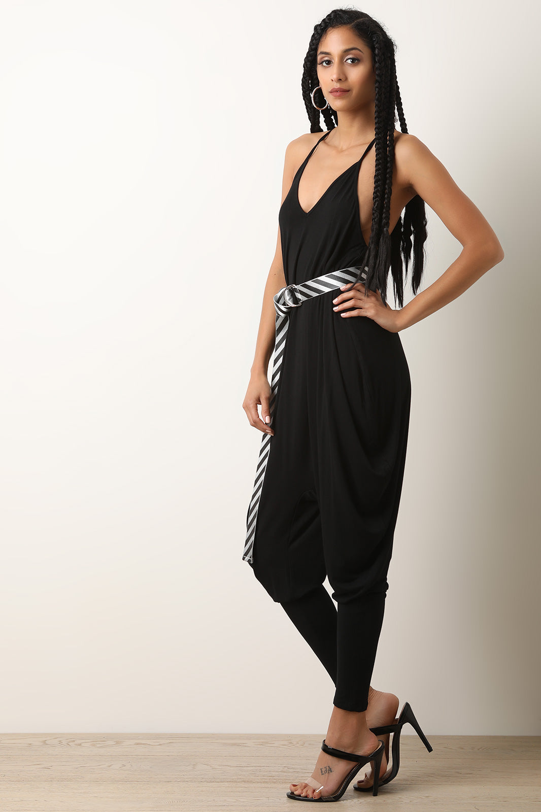 Jersey Knit V-Neck Belted Draped Jumpsuit - YuppyCollections