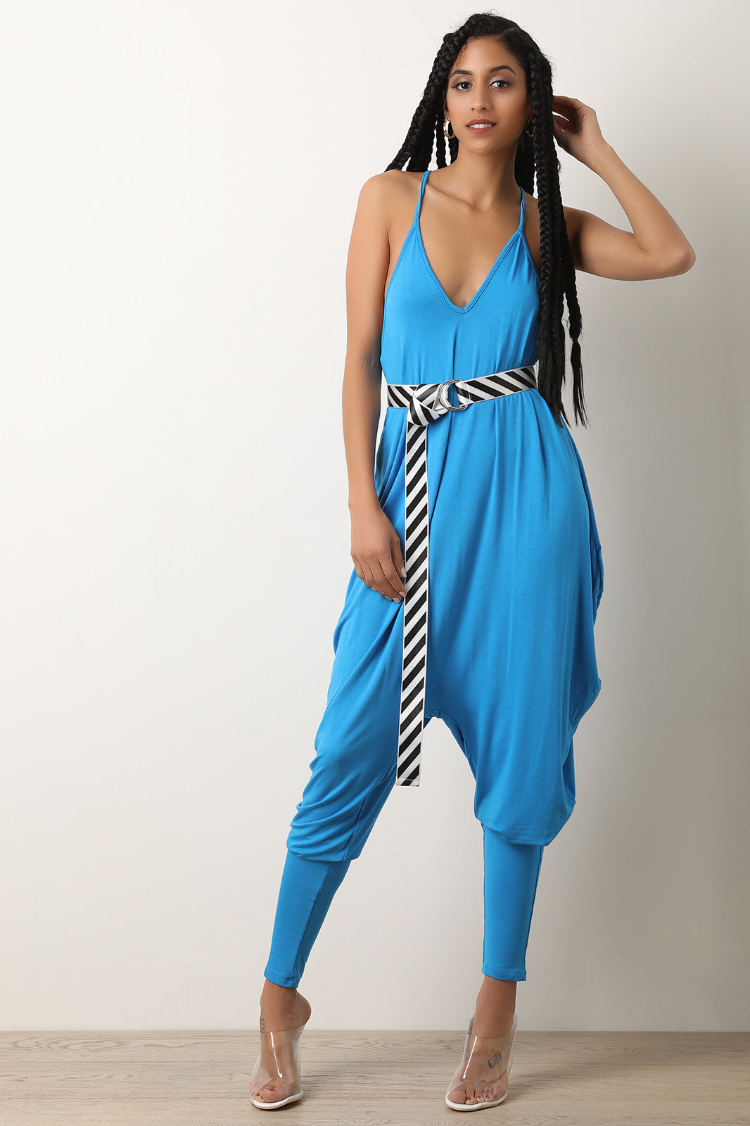 Jersey Knit V-Neck Belted Draped Jumpsuit - YuppyCollections