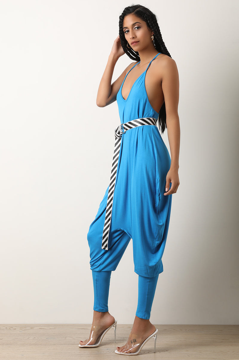 Jersey Knit V-Neck Belted Draped Jumpsuit - YuppyCollections