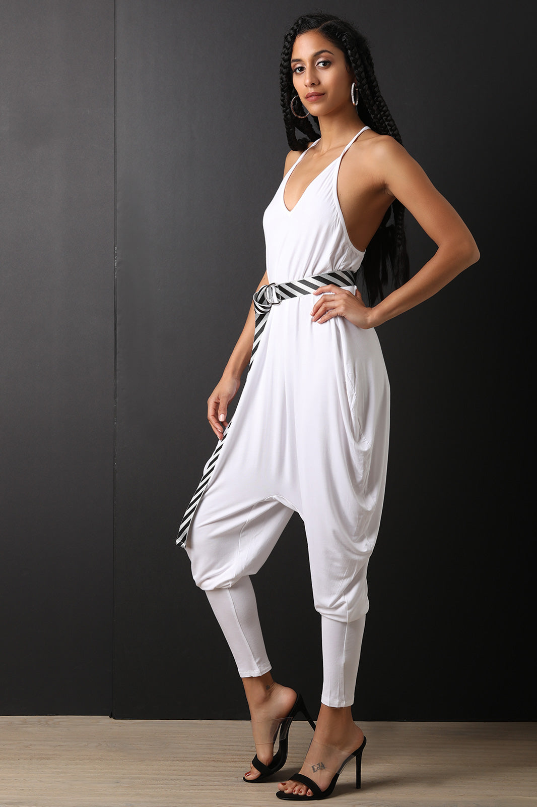 Jersey Knit V-Neck Belted Draped Jumpsuit - YuppyCollections