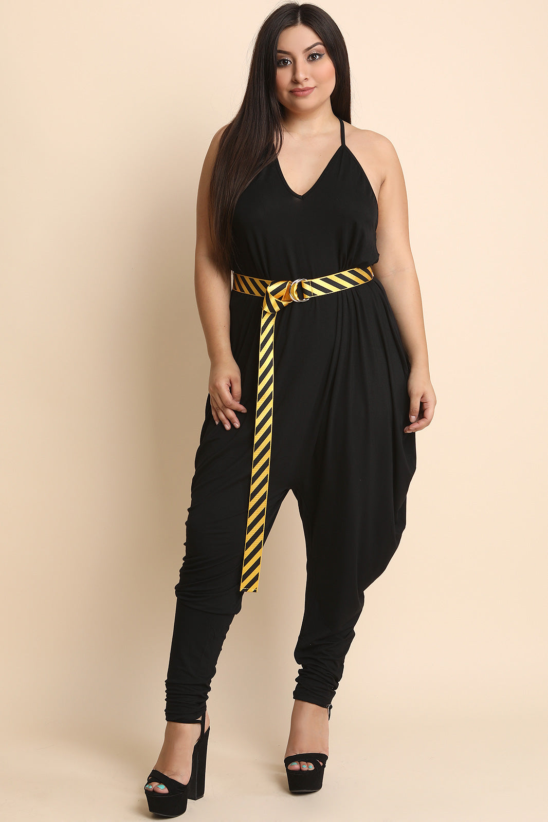 Jersey Knit Belted Harem Jumpsuit - YuppyCollections