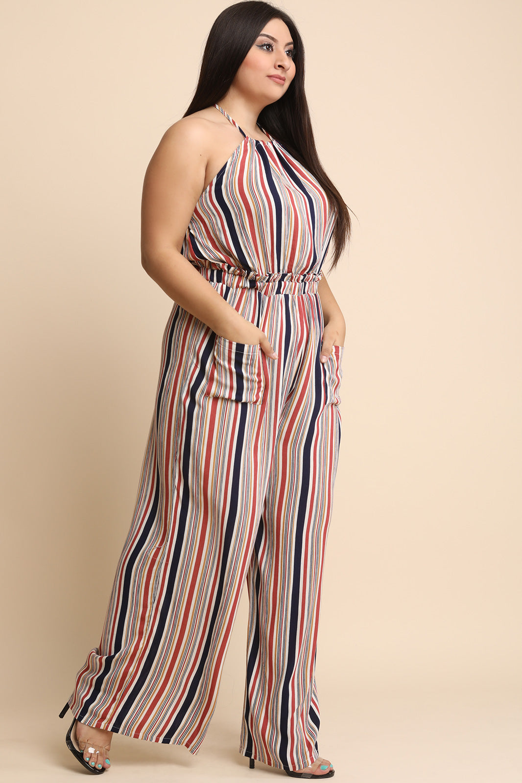 Striped Sleeveless Halter Palazzo Jumpsuit - YuppyCollections