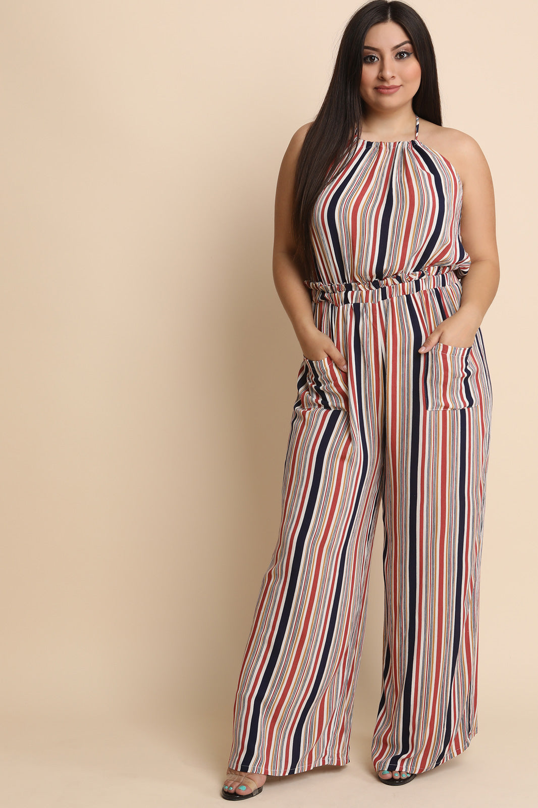 Striped Sleeveless Halter Palazzo Jumpsuit - YuppyCollections