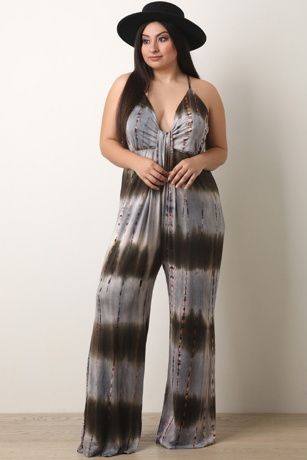 Tie Dye Deep V-Neck Palazzo Jumpsuit - YuppyCollections