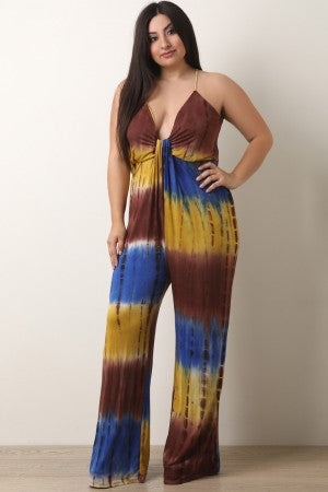 Tie Dye Deep V-Neck Palazzo Jumpsuit - YuppyCollections