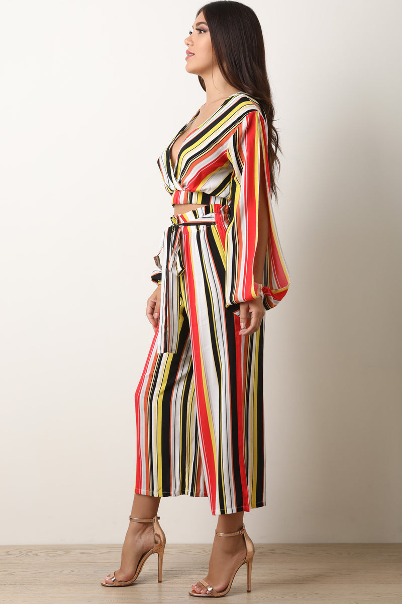 Stripe Long Sleeve Crop Top Wide Leg Pants Set - YuppyCollections