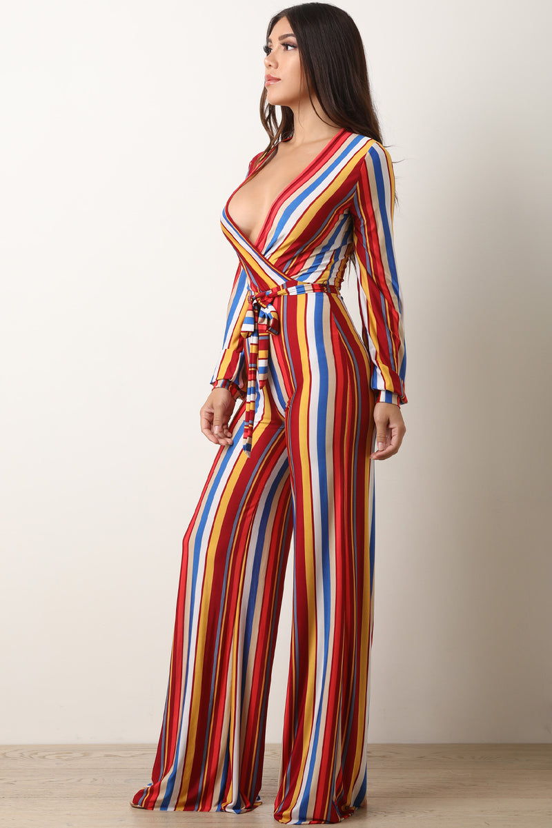 Striped Deep V Neck Long Sleeves Palazzo Jumpsuit - YuppyCollections