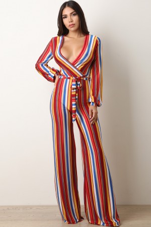 Striped Deep V Neck Long Sleeves Palazzo Jumpsuit - YuppyCollections